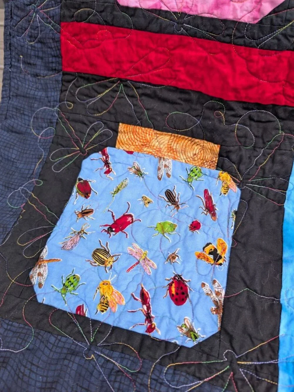 Bug Collection in Jars Quilt Black & Vibrant Colors 56 x 44